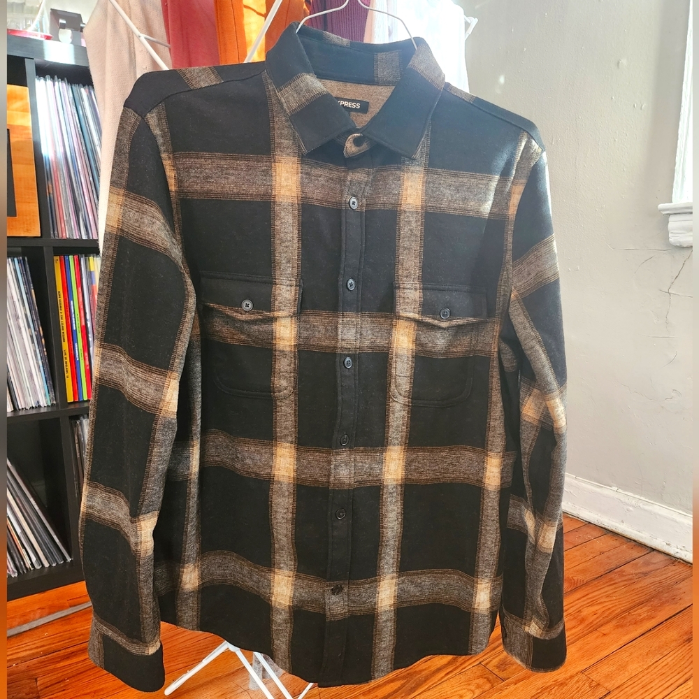 Express Men's Black Flannel Shirt Medium